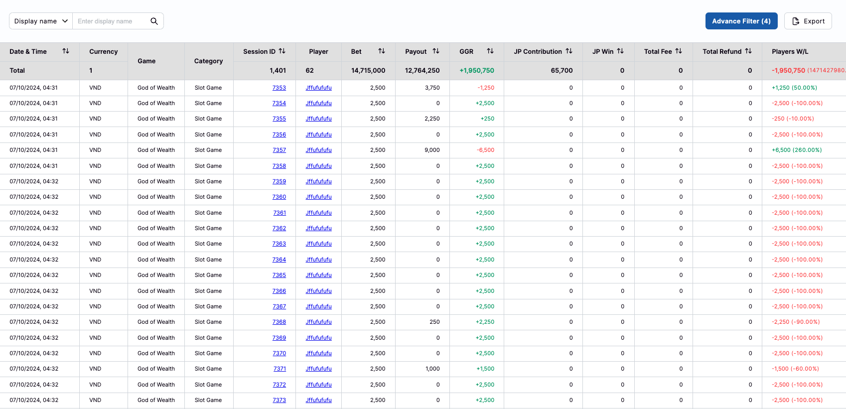 Game Detail Report Game Detail Report