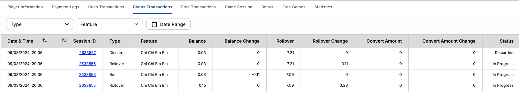 Bonus Transactions Bonus Transactions