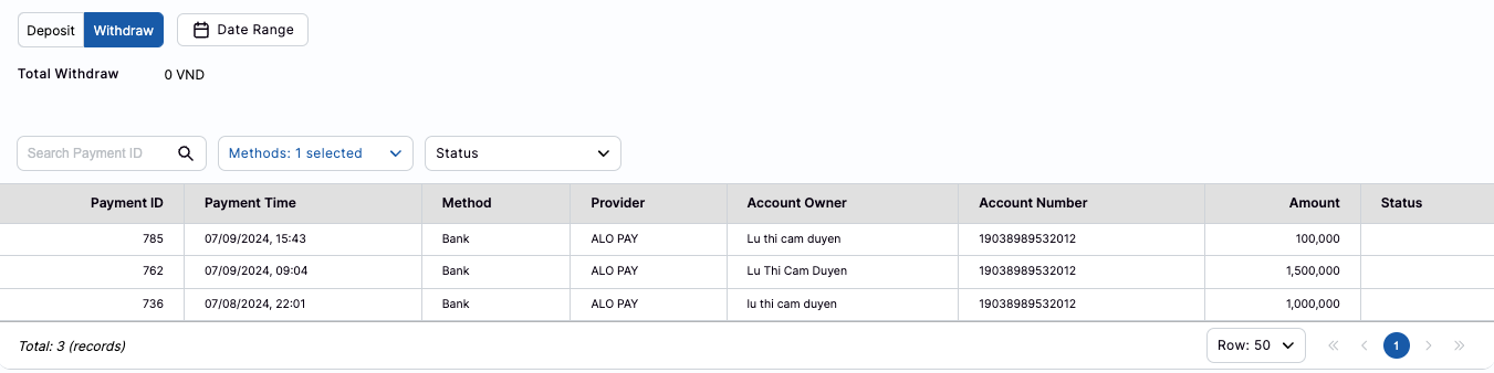 Payment Logs - Withdrawal Payment Logs