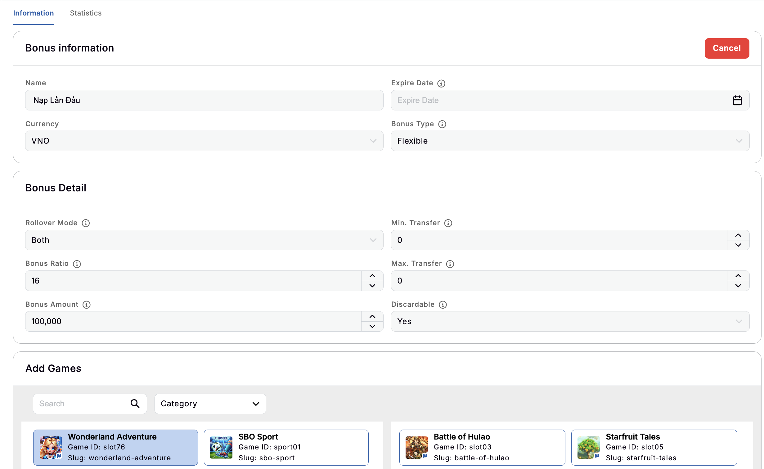 Bonus's Information tab Bonus's Information tab